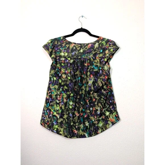 J.Crew Women M Abstract Floral Flutter Sleeve Button Front Blouse Scoop Neck - Picture 4 of 11